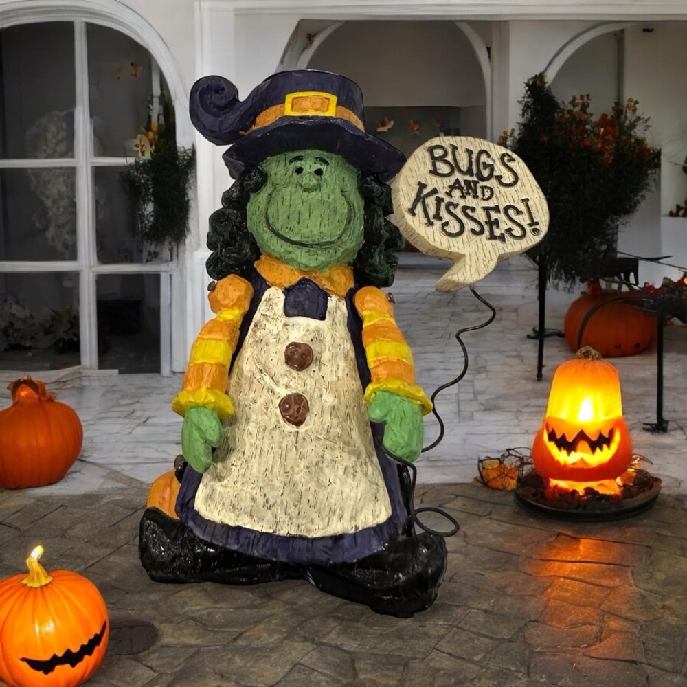 HALLOWEEN Witch Taper Candle Holder Figure Tall Black Cat Pumpkins Decor 8 inch